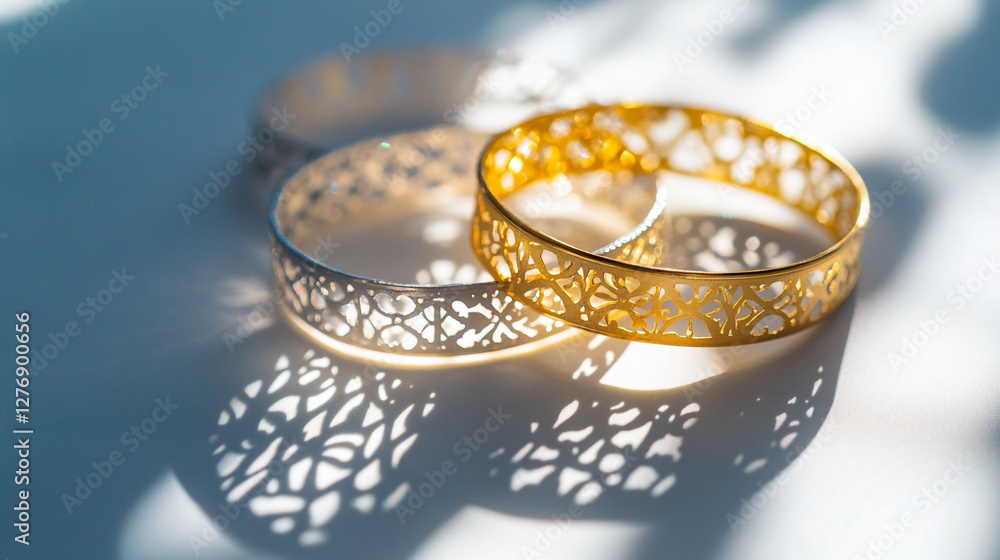 Beautifully designed silver and gold bangles casting intricate shadows on a surface Beautifully designed silver and gold bangles casting intricate shadows on a surface