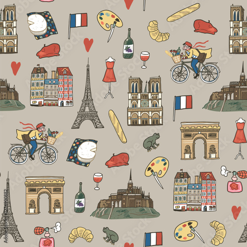 France Paris travel destination landmarks illustrations seamless pattern