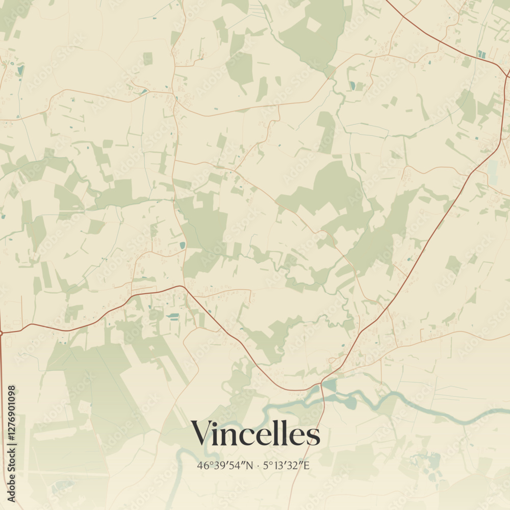 Fototapeta premium Vintage map of Vincelles, France.
