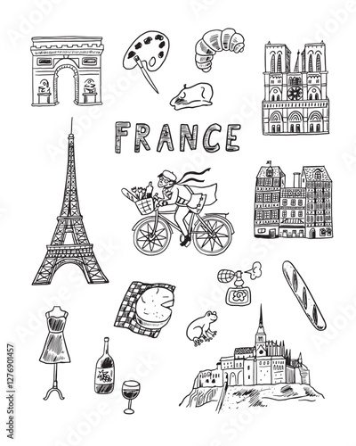 France hand drawn doodle set. Vector illustration for your design