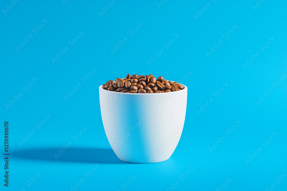 Ceramic Cup with Roasted Coffee Beans: A close-up shot reveals a pristine white ceramic cup brimming with aromatic roasted coffee beans, set against a vibrant, simple backdrop. Ceramic Cup with Roasted Coffee Beans: A close-up shot reveals a pristine white ceramic cup brimming with aromatic roasted coffee beans, set against a vibrant, simple backdrop.