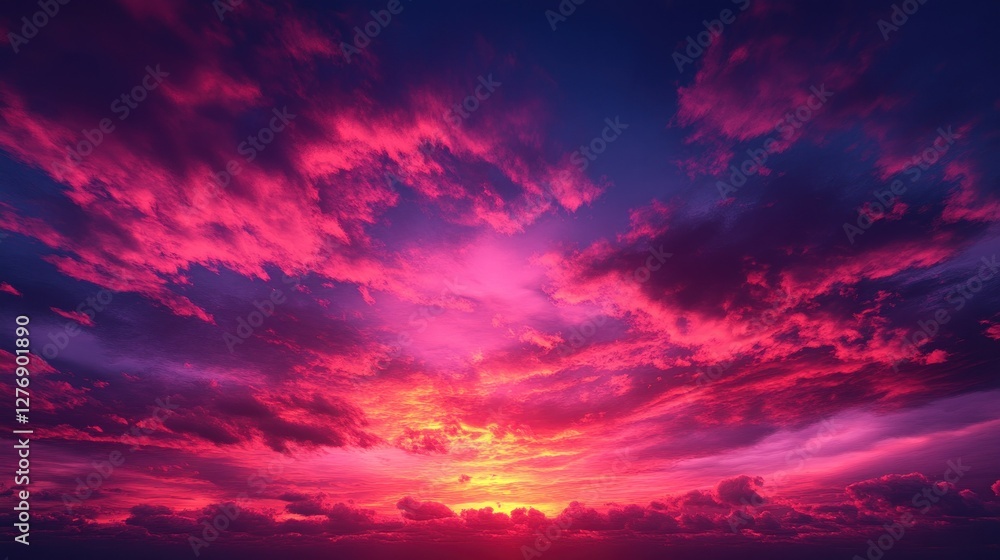 Fototapeta premium Vibrant sunset cloudscape, fiery sky, ocean horizon, dramatic lighting, design backdrop