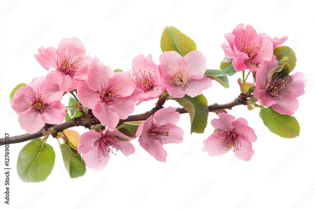 Naklejka premium Beautiful pink cherry blossoms in full bloom on tree branch against white sky background with copy space, spring concept.
