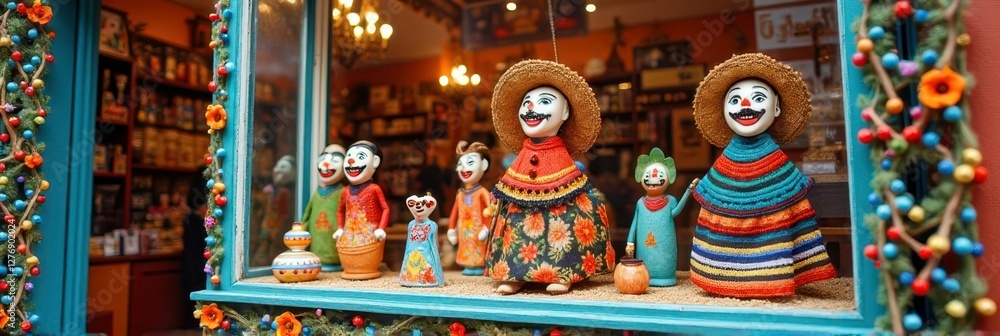 Naklejka premium Colorful mexican folk art dolls in traditional dress displayed in vibrant shop window