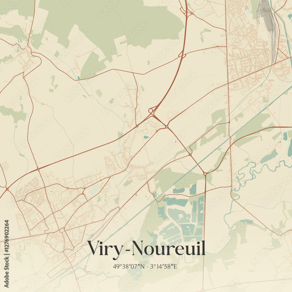 Fototapeta premium Vintage map of Viry-Noureuil, France.