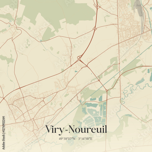 Vintage map of Viry-Noureuil, France.