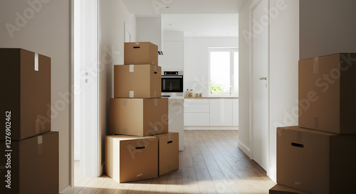 A bright, modern kitchen with stacked cardboard boxes, suggesting a move-in or move-out scenario. The room features white cabinets and wooden flooring, with natural light streaming in.