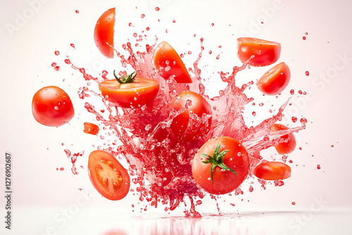 Exploding tomato burst, vibrant red and pink color palette, juice splashes and tomato fragments flying outward photo