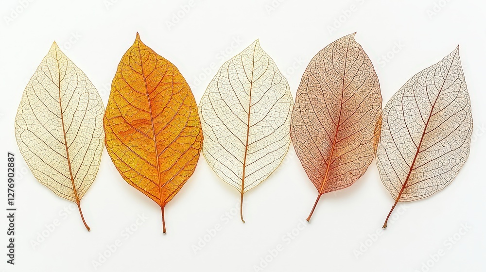 Fototapeta premium Translucent leaves in varied hues, showcasing delicate veins, symbolizing nature's beauty. Ideal for autumn themes, natural science, and botanical designs.