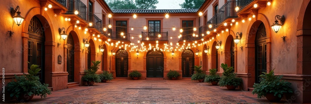 Fototapeta premium Charming courtyard with string lights and potted plants at dusk