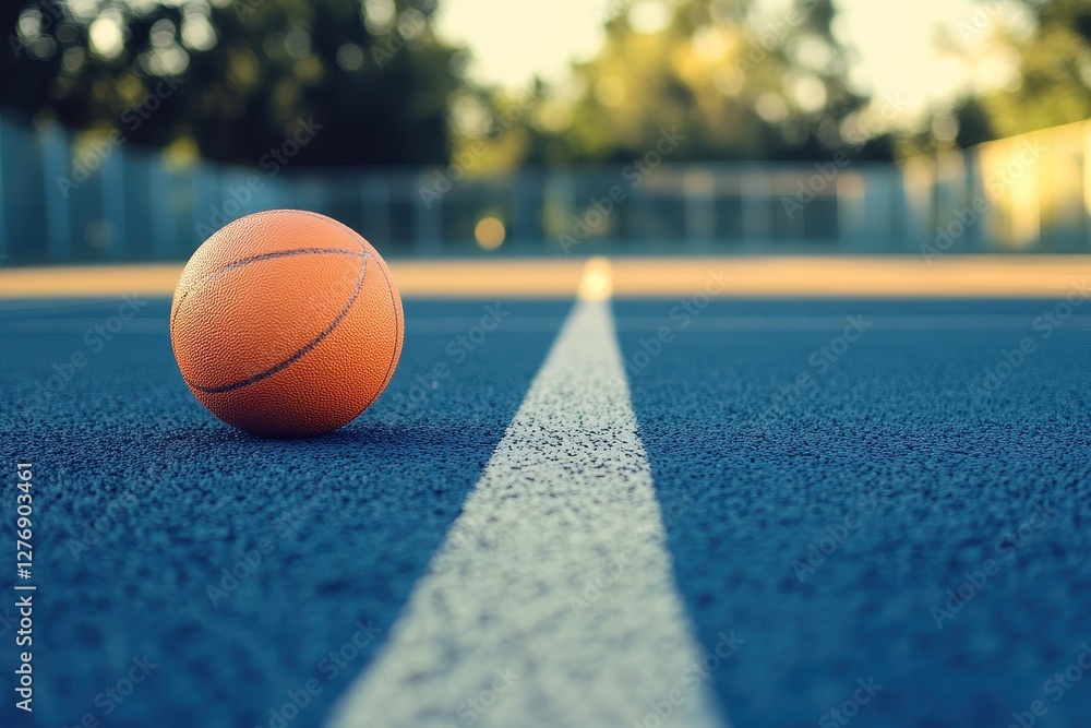 Basketball resting on a blue court surface under warm sunlight in an outdoor sports facility Basketball resting on a blue court surface under warm sunlight in an outdoor sports facility