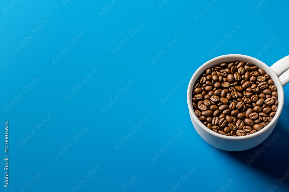 Aromatic Abundance: A full cup overflowing with roasted coffee beans, poised against a vibrant blue canvas, promising a rich and flavorful experience. Aromatic Abundance: A full cup overflowing with roasted coffee beans, poised against a vibrant blue canvas, promising a rich and flavorful experience.