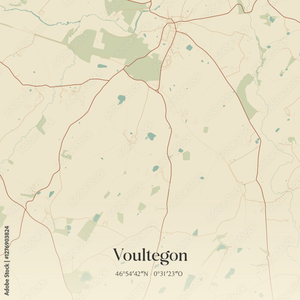 Fototapeta premium Vintage map of Voultegon, France.