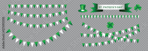 St. Patrick's Day illustration set, green and white bunting flags collection, leprechaun hat, four leaf clover and shamrock isolated on transparent background