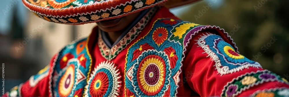 Obraz premium Vibrant traditional mexican attire worn by hispanic adult male in embroidered sombrero