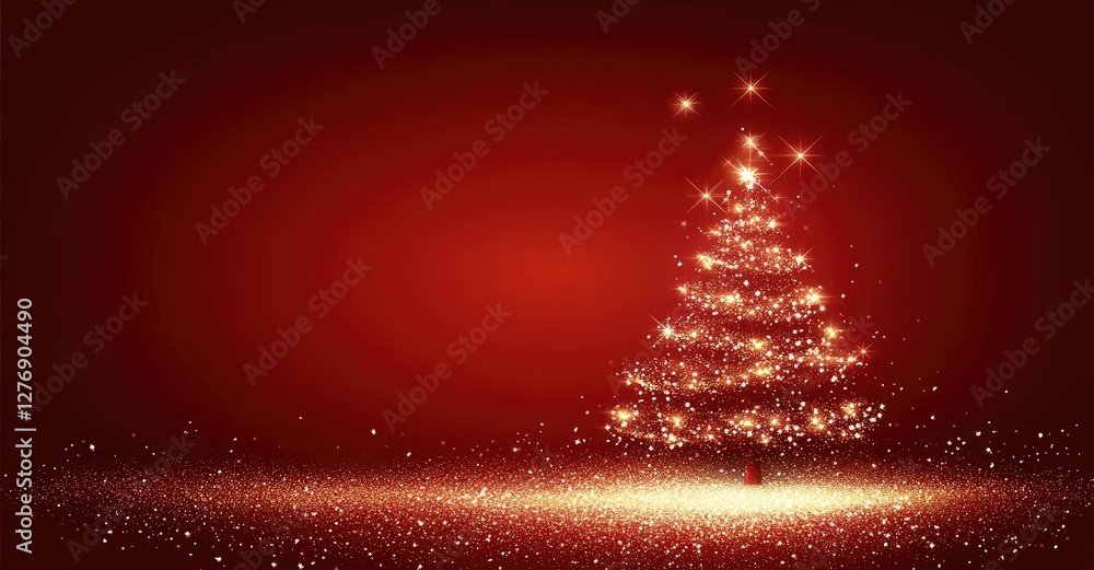 Glowing Christmas tree with golden sparkles and a warm festive glow on a red background, creating a magical holiday atmosphere. Ideal for seasonal greetings, invitations, banners, and celebrations Glowing Christmas tree with golden sparkles and a warm festive glow on a red background, creating a magical holiday atmosphere. Ideal for seasonal greetings, invitations, banners, and celebrations