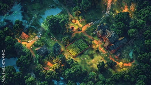 Wallpaper Mural A beautifully detailed DnD battlemap featuring an overgrown magical farmstead, complete with wooden fences, rustic cabins, lush greenery, and vibrant gardens in a secluded forest setting. Torontodigital.ca