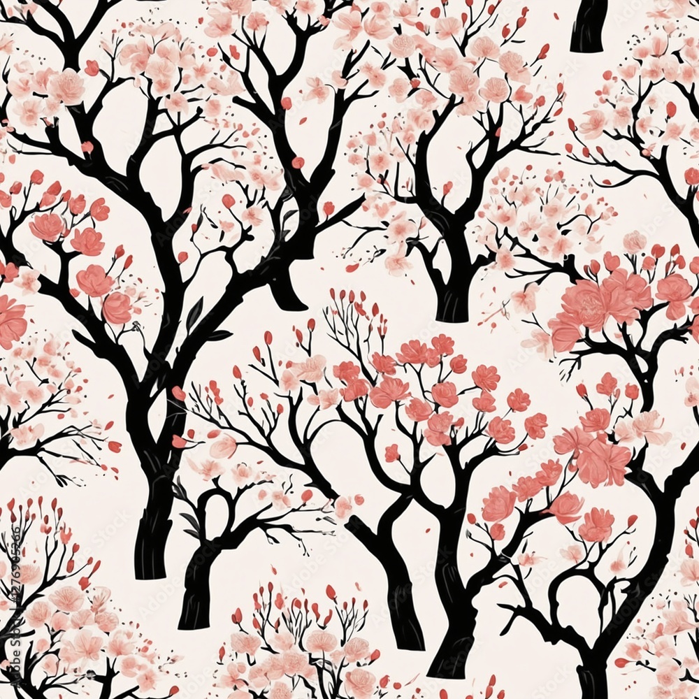 Fototapeta premium Blossom trees with flowers. Seamless pattern, background. In Chinoiserie, japandi, botanical style
