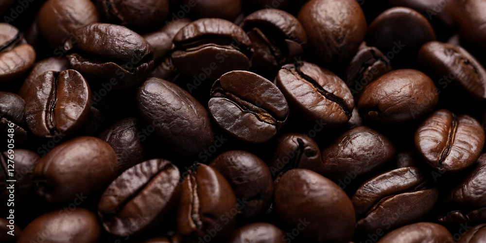 Naklejka premium Nahaufnahme gerösteter Kaffeebohnen mit glänzender, aromatischer Oberfläche auf hellem Hintergrund