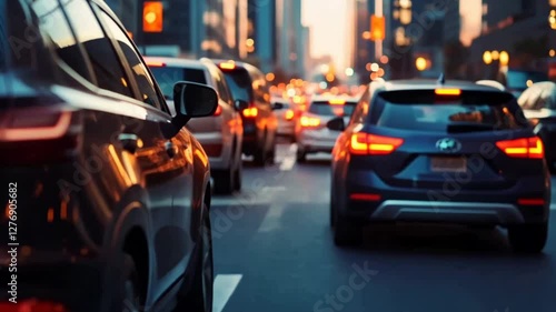 Evening traffic jam urban city streets automotive scene vibrant cityscape rear view commuter struggles	