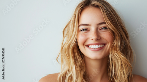 Happy young blond woman smiling, white background
