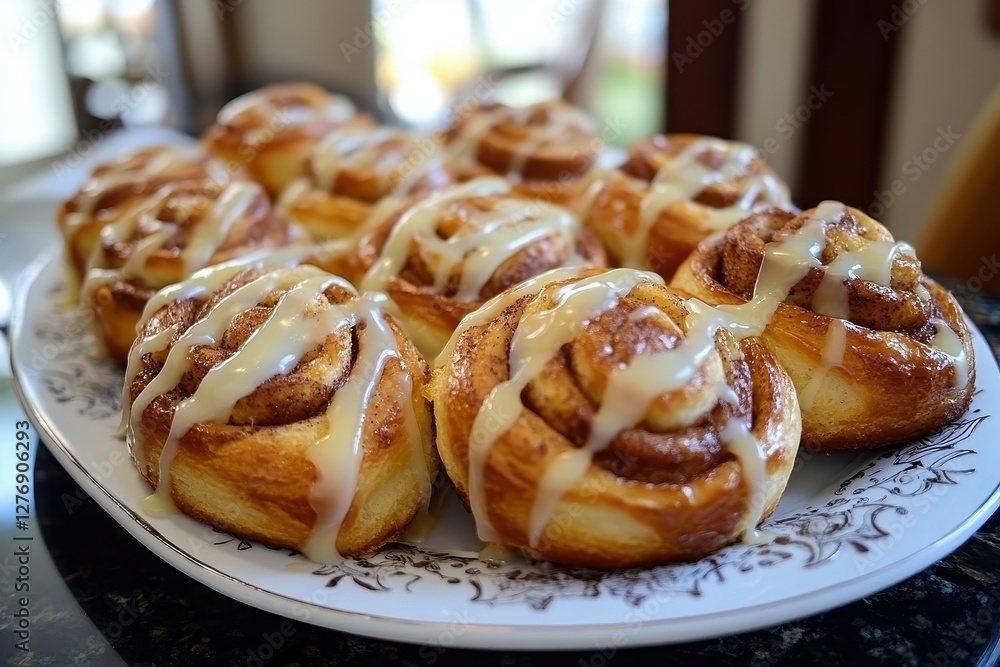 Delicious cinnamon rolls with frosting arranged on a decorative platter in a cozy kitchen setting Delicious cinnamon rolls with frosting arranged on a decorative platter in a cozy kitchen setting