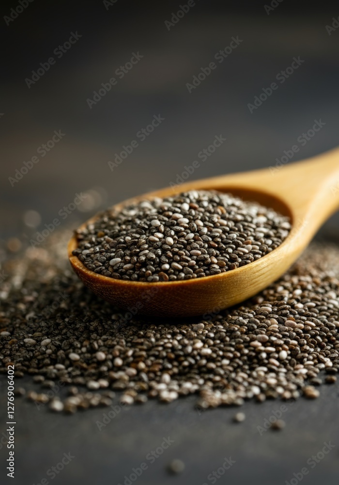 Close-up of chia seeds in wooden spoon on dark background Close-up of chia seeds in wooden spoon on dark background