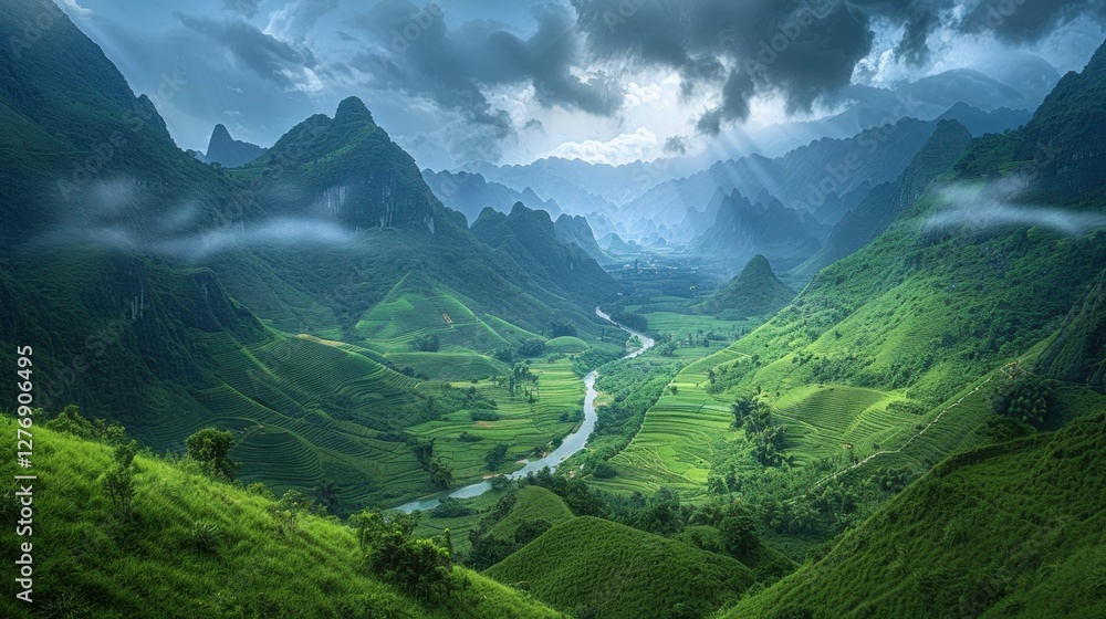 Fototapeta premium A breathtaking valley surrounded by towering mountains, covered in lush greenery under dramatic storm clouds, creating a serene yet mysterious atmosphere.