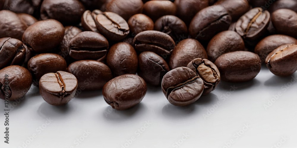 Detailreiche Makroaufnahme von frischen Kaffeebohnen mit intensiver Röstung auf weißem Hintergrund Detailreiche Makroaufnahme von frischen Kaffeebohnen mit intensiver Röstung auf weißem Hintergrund