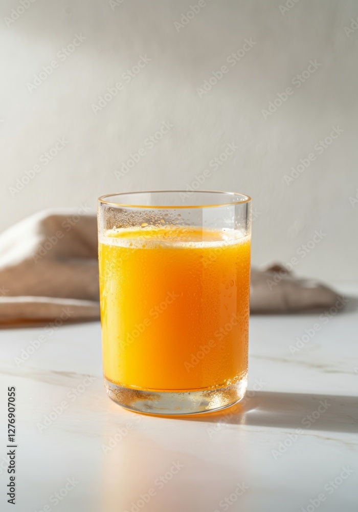 Freshly squeezed orange juice in a glass on a sunlit marble table Freshly squeezed orange juice in a glass on a sunlit marble table