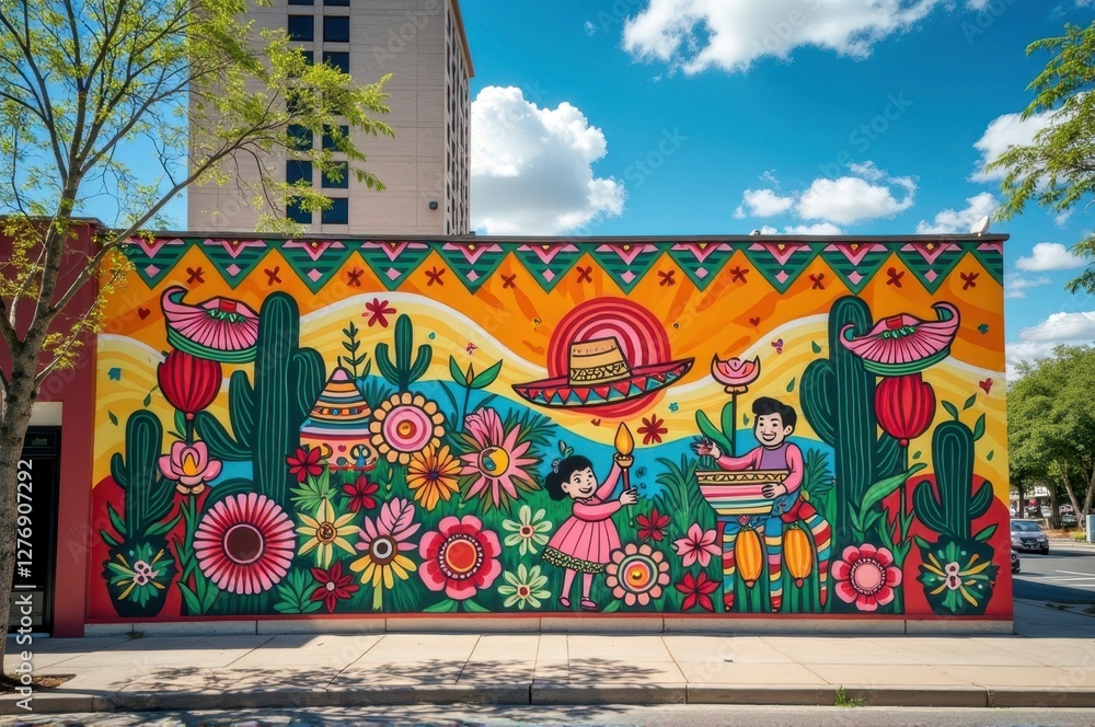 Naklejka premium Vibrant mexican-themed mural with cacti and children on urban wall