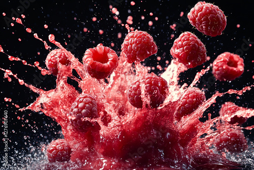 Exploding raspberry burst, vibrant red and pink color palette, juice splashes and raspberry fragments flying outward photo