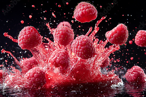 Exploding raspberry burst, vibrant red and pink color palette, juice splashes and raspberry fragments flying outward photo