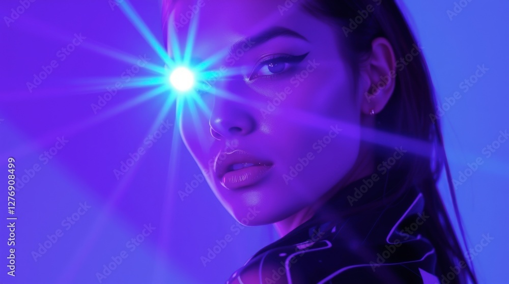 Intense Portrait of Woman with Glowing Eye and Futuristic Aesthetic Intense Portrait of Woman with Glowing Eye and Futuristic Aesthetic