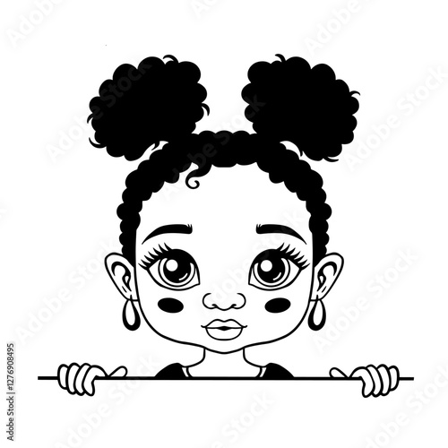 Cute black and white vector illustration of a little girl with curly hair in buns, big expressive eyes. Perfect for coloring pages, stickers, prints, and digital designs.