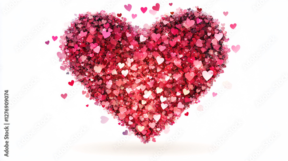 A romantic heart illustration created from numerous small red and pink hearts forming a delicate floating effect against a white background
A romantic heart illustration created from numerous small red and pink hearts forming a delicate floating effect against a white background
