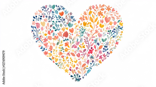 A heart-shaped illustration made of delicate pastel flowers and leaves creating a soft romantic design on a clean white background

