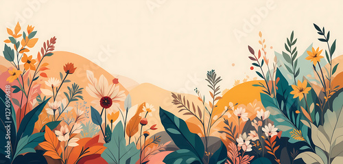 Abstract summer vibes plants and leaf illustrated vector style, minimalist, warm colours combination, spring wild flowers,