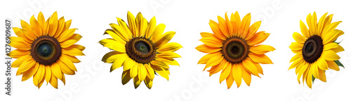 Set of various vibrant sunflower isolated on transparent background.