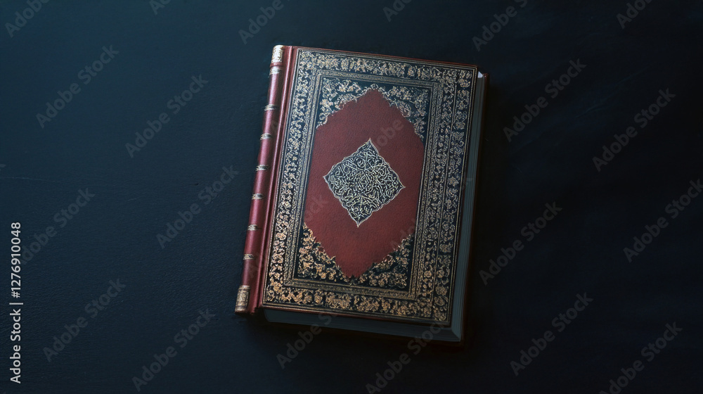 Fototapeta premium Beautiful ancient black book with golden decorations resting on dark stone surface