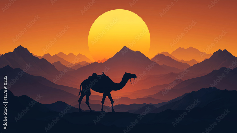 Camel silhouette walking in desert at sunset with mountains in background Camel silhouette walking in desert at sunset with mountains in background