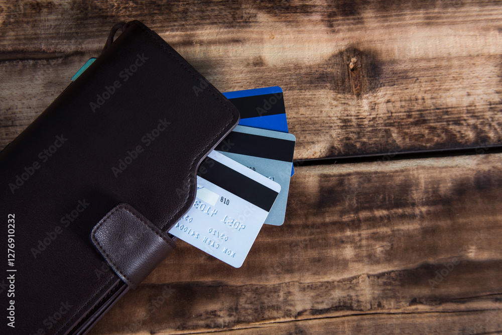 Credit cards in leather wallet on wooden background Credit cards in leather wallet on wooden background