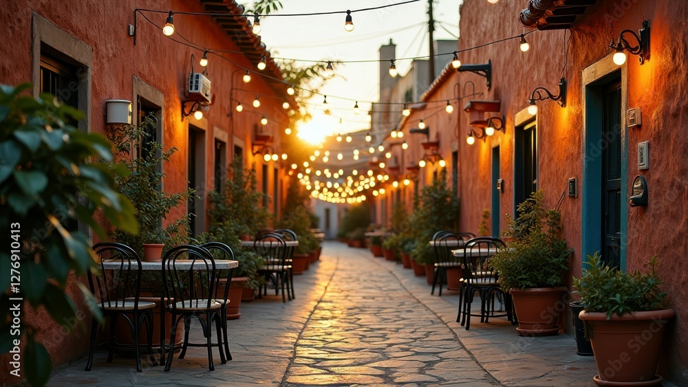 Fototapeta premium Charming cobblestone alley with string lights and outdoor seating at sunset