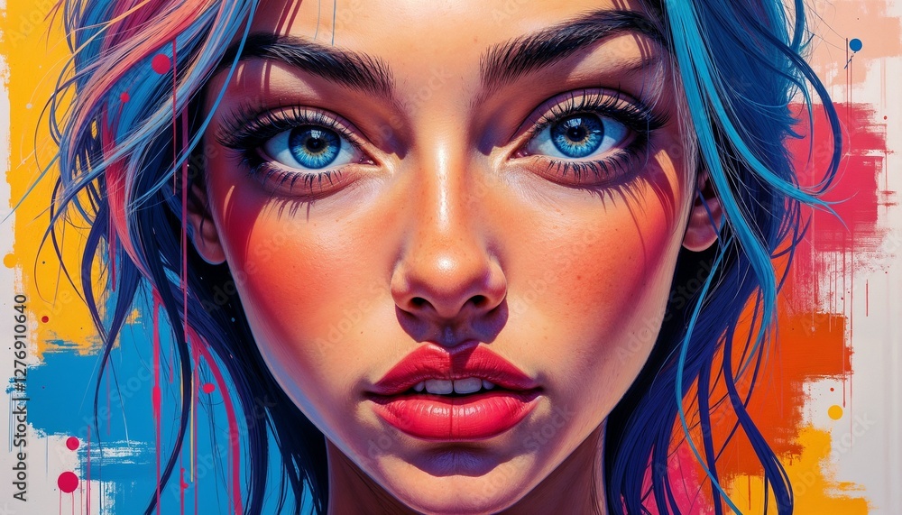 Portrait of a young woman with colorful hair showing confidence against an abstract background
