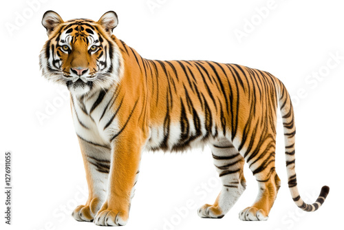 Full body view of strong adult tiger walking confidently in nature isolated on transparent background