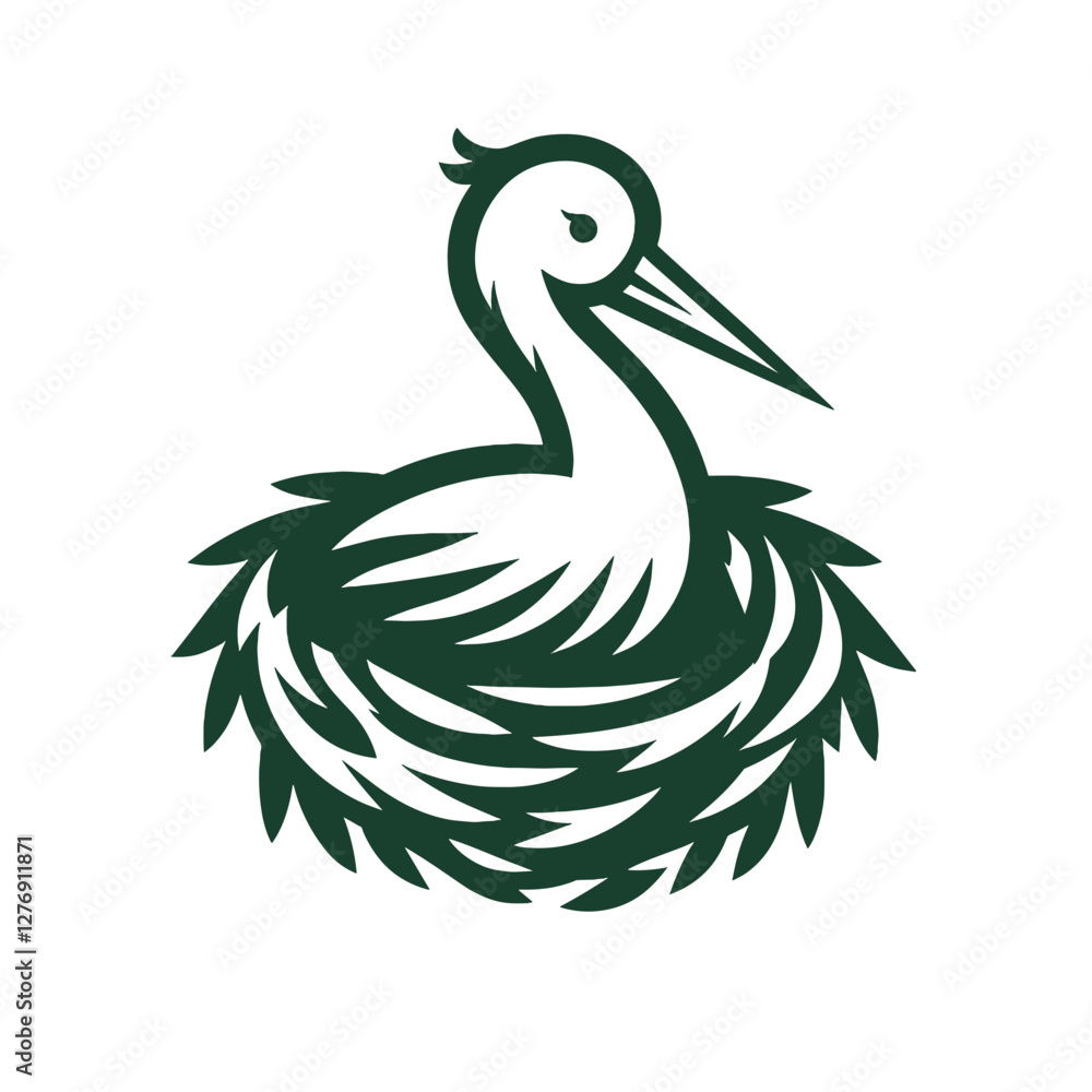 Fototapeta premium Green Stork in Nest Icon for Baby Stores, Pregnancy Blogs, Healthcare Websites and Parenting Guides
