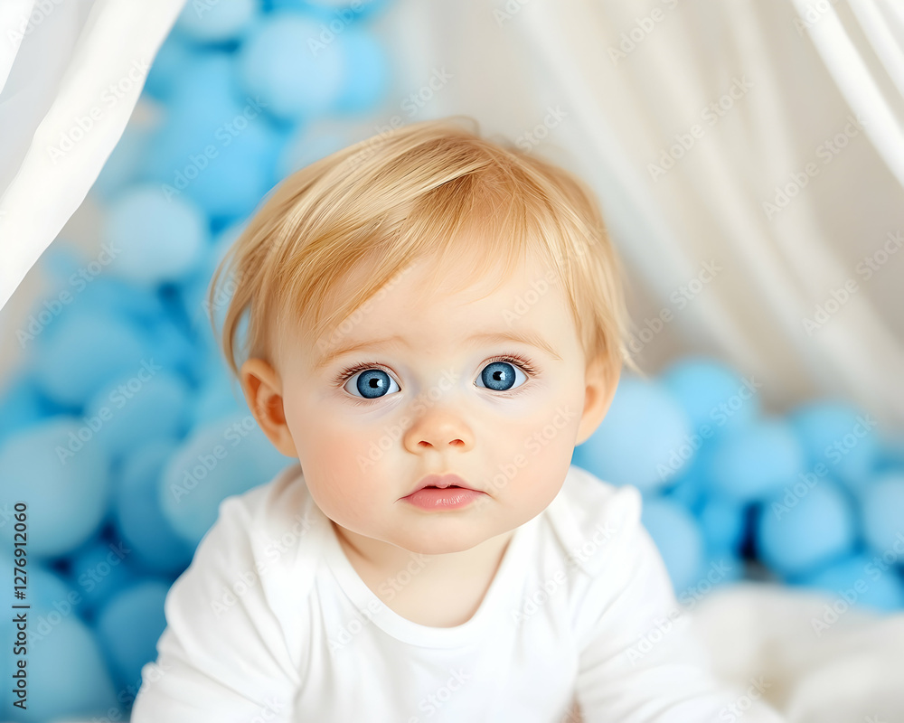 Baby girl with blue eyes in play tent Baby girl with blue eyes in play tent