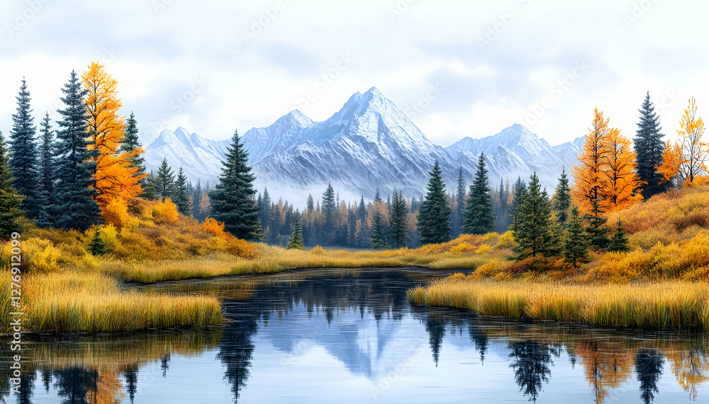 Autumnal mountain lake reflection, misty peaks Autumnal mountain lake reflection, misty peaks