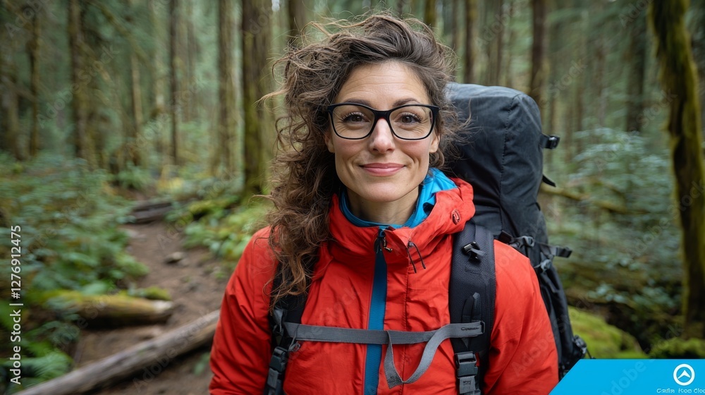 Joyful hiker in a lush forest wearing a red jacket and glasses stands confidently along a trail in the afternoon light Joyful hiker in a lush forest wearing a red jacket and glasses stands confidently along a trail in the afternoon light