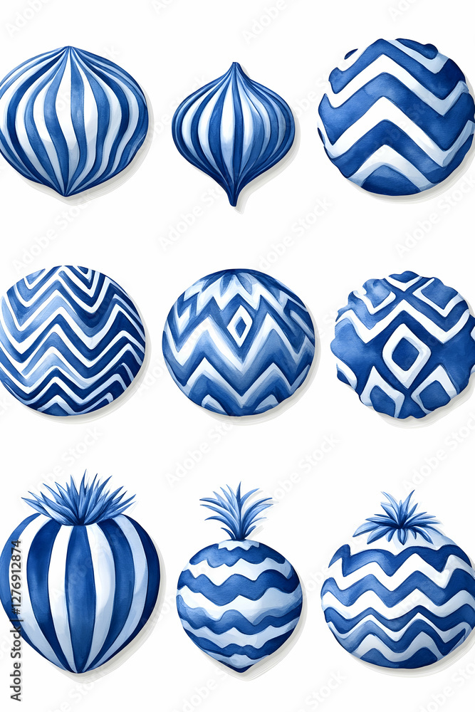 Blue and white patterned Christmas ornaments Blue and white patterned Christmas ornaments